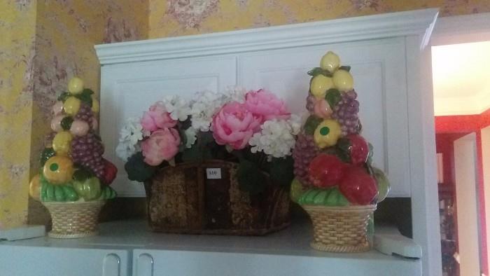 YUCK! Someone's sweet aunt, or a 12-step recovery activities class program produced this pair of ceramic kitchen atrocities. Obligatory , but nice, basket of silk peonies atop the fridge.