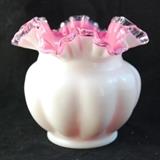 Antique hand blown and crimped White glass open rose vase with ruffled edges and cased pink colored inside
Condition: Good
Shipping: Yes
Size:6"