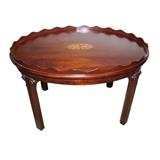 Beautiful Antique English Mahogany Tea Table with Beautiful Decorative Inlay and Scalloped Edge 
