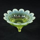 Green Opalescent Glass Klondyke Pattern 3 Footed Berry Bowl
