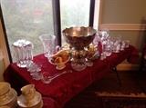 SILVERPLATE PUNCH BOWL, TRAY, CUPS, CRYSTAL