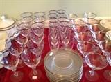 TIFFIN STEMWARE AND PLATES, SILVER RIM