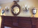Federal style mirror, pair of ole Paris style porcelain vases and French bronze and crystal sconces