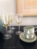 Vintage wine glasses + Wedgewood tea cups