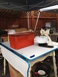 Vintage wood + porcelain kitchen table, mixer 