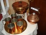 Coppercraft tray and mugs, chafing dish, tea kettle.