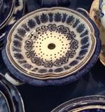 Flow Blue soap dish, cracked drainer