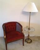 Cane-back chair and table-lamp in brass and glass