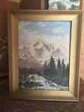 Original oil painting of winter mountains by Louise Cook, 1946