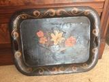 Early hand painted tole tray with moustach cutout handles