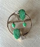 Large jade 14k gold leaf circle brooch / pin