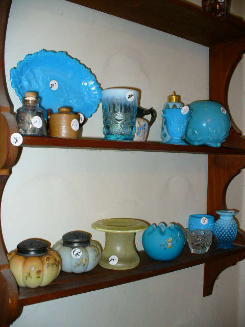 Wall display unit with Blue Glass & antique items