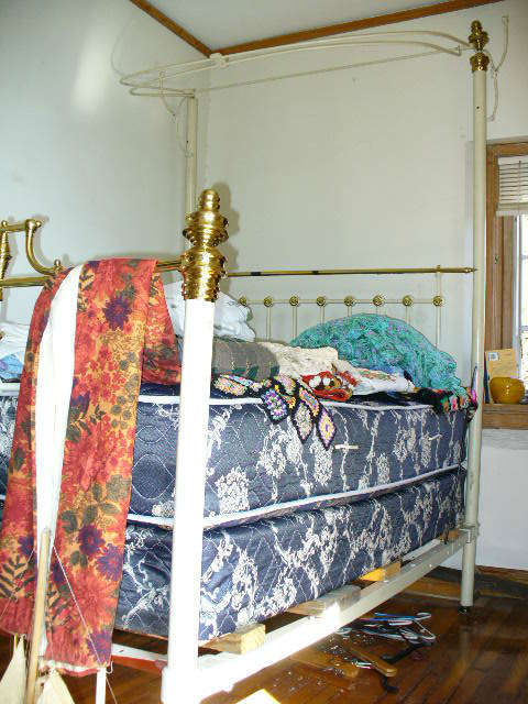 White iron bed & canopy with box springs & mattress