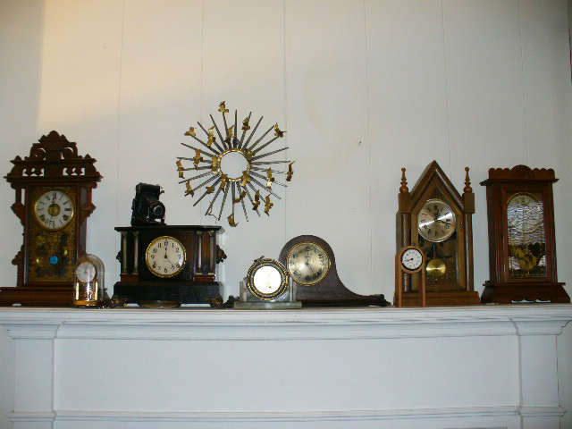 Collection of Antique Mantle Clocks  - 1 Contemporary Clock - Antique Kodak Camera