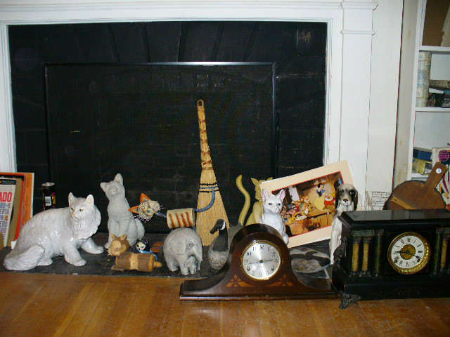 Two Antique Mantle Clocks - Cat related decorator items