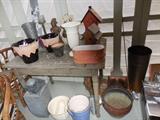 Variety of Garden Ceramic, Tin, Brass, Planters.Bird Houses. Vintage Distressed Table with Drawer