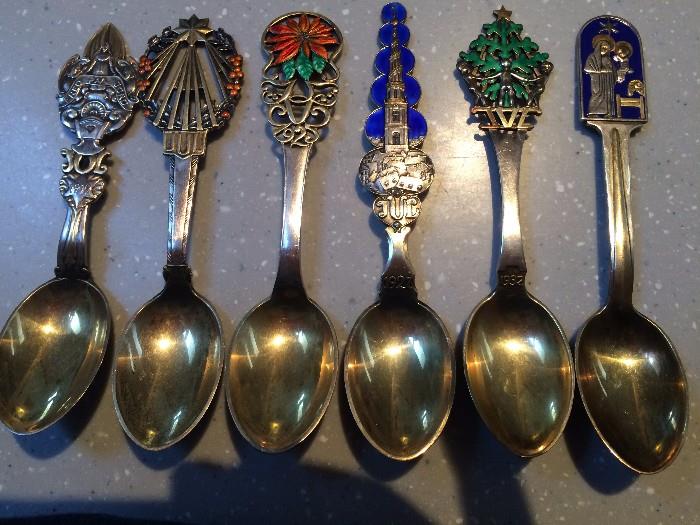 A. Michelsen Copenhagen Sterling  X-Mas Spoons 1919, '22,'25,'27,'32,'34 - gold gilt, enamel