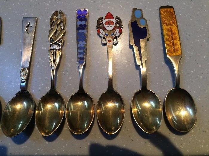 A. Michelsen Copenhagen Sterling X-Mas Spoons 1940,'41,'44,'52,'62,'67 - gold gilt with enamel