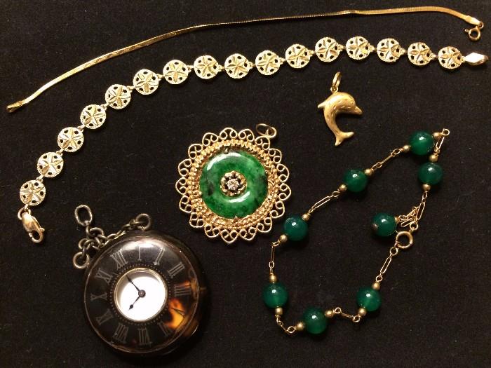 14K bracelets, jade & diamond pendant, tortoise shell watch