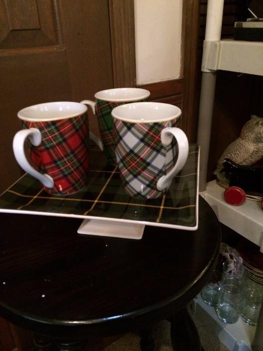 Large collection of plaid pattern dishes, cake plate, mugs, ect
