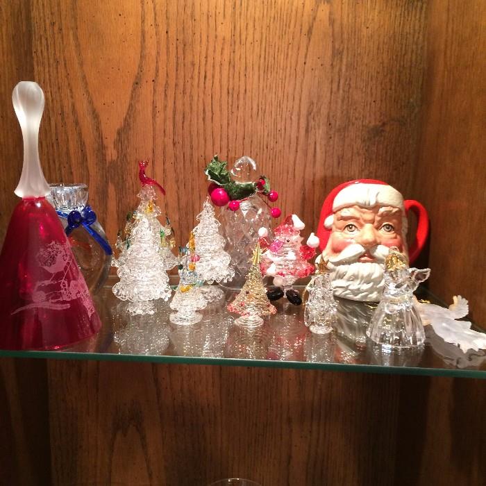 Collection of hand blown Christmas trees, Royal Daulton Santa mug