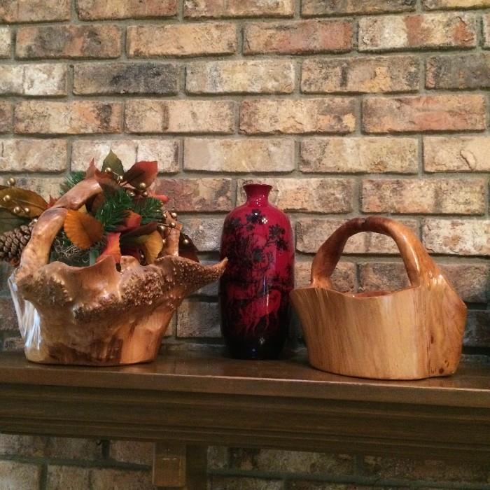 Royal Daulton Red Vase, wooden baskets