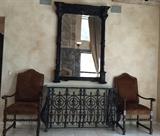 Custom Iron Table w Custom Glass Top, Massive Wall Mirror (MIRROR SOLD), 2 Sherrill Normandy Chairs 