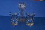 14" Tall Wheel Cut Floral Vase & Crystal Harp Bookends