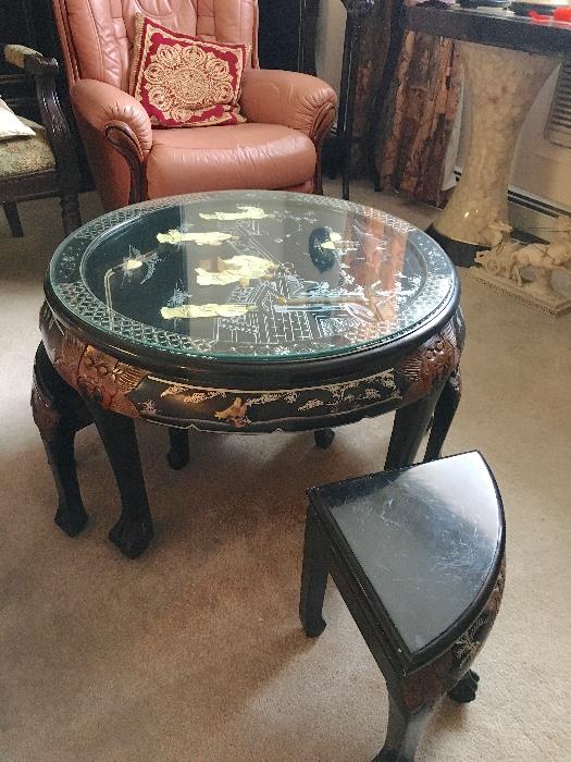 Asian inlaid round ebony table with 4 low seats