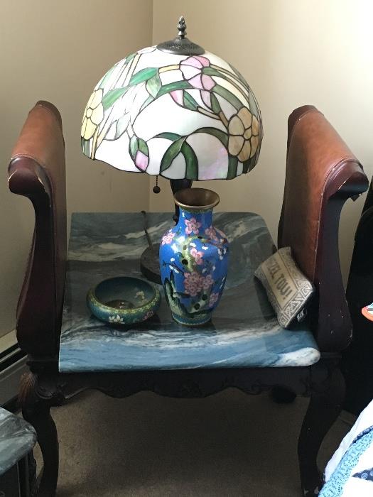 Pair lamps, antique chair
