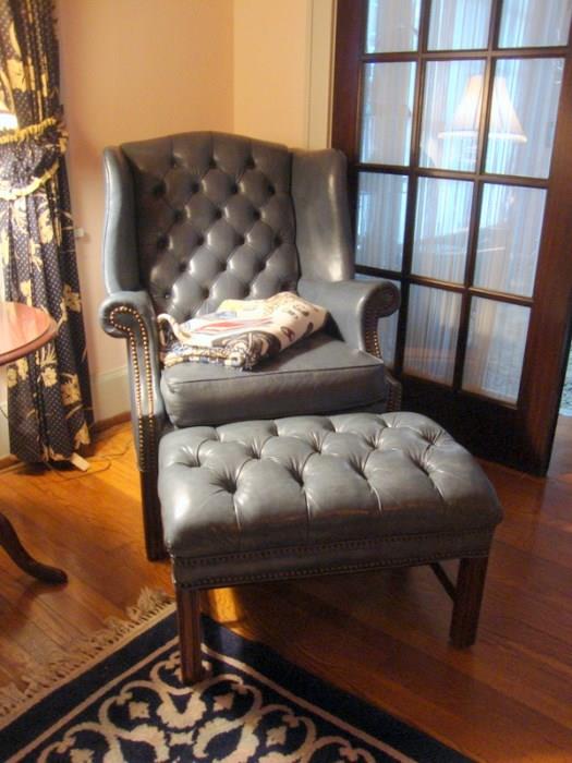 Blue Leather Wing Back Chair and ottoman