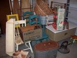 Primitives, Thor Washing Machine Table, Farmers Brewing Shawano Crate, Wash Tubs on Stand, Cast Iron Bell.