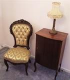 C/1870 hand carved Victorian Rosewood side chair w/floral carvings  & C/1910 Mahogany music cabinet 