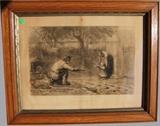 C/1900 Lg. Etching by J.F. Millet (1814-1875) of Farmer w/child "The First Steps"