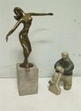 1940's Art Moderne pottery sculpture of Man w/shovel (Russian ?) ~ C/1960's Brass Sculpture of a female Dancer, unsigned 