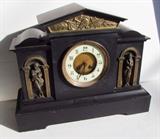 C/1880  Lg. French Slate mantle clock with Bronze Classical figures & Porcelain Dial