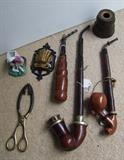 Pipe Collectors lot inc. 3 German Mountain pipes, pipe tongs, wall match holder, porcelain match holder, etc