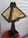 C/1915 unsigned Riveted Copper Arts and Crafts table lamp w/slag glass, (one glass panel damaged), Stickley? 