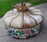 C/1910 Lg. stained glass hanging lamp w/baskets of cherries and flowers 