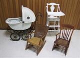 C/1900 Wood spoke wheel wicker baby buggy ~ C/1915 Painted wood child's highchair ~ C/1890 Child's pressed back rocker w/woven seat ~ C/1910 Child's wicker rocker 