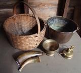 C/1900 Oak Splint Butt Basket ~18th C. Bronze mortar ~ C/1890's Brass Oiler for small lamps ~ Pair of C/1850's powder horns ~ C/1890's Lg. heavy copper apple butter pail 
