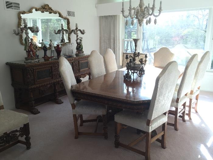 Italian baroque 10 chairs with incredible carved table.  Four leaves