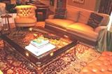 Fringed Sofa, Upholstered Chair, Coffee Table & Rug
