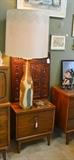 midcentury pottery lamp, midcentury nightstand, oriental mirror