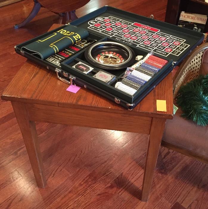 Square oak table and 5-in-1 game set.