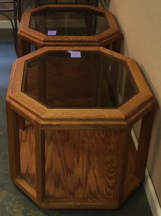Pair of 80's smoked glass and oak end tables in Bargainville.