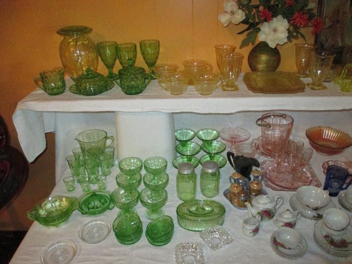 Honey Comb, Cube and Ballerina Green Depression Glass, Yellow Lorain "Basket" Depression Glass