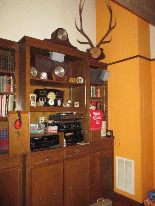 Elk Horns, Nice Collection of Books, Bible, 1930s, 40s and 50s Encyclopedia Set, Interior Decorating Books, Bibles, Vintage Auto Manuals, Very Nice Stereo System, Books by Winston Churchill