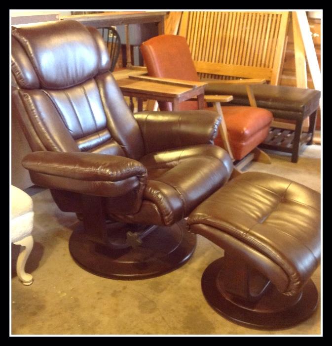 Leather recliner and ottoman, rocker, leather-like covered bench 