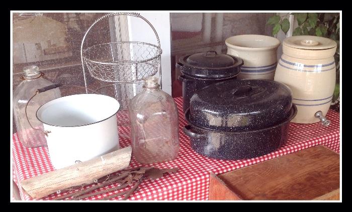 Cricks, enamelware, milk jugs, roasters